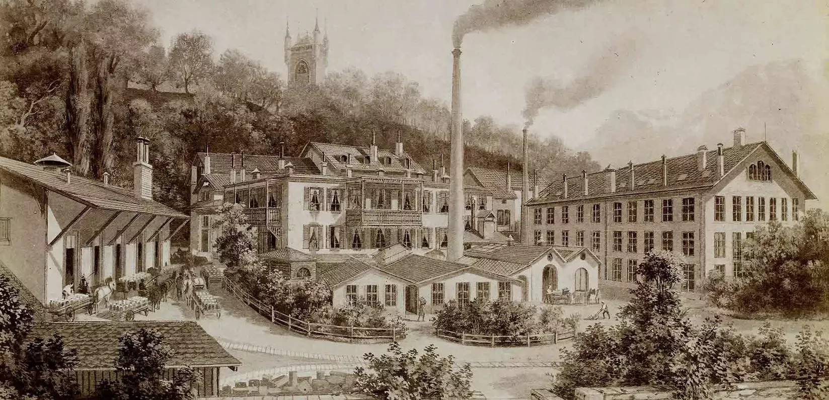 Imagem vintage da cidade e da fábrica Nestlé