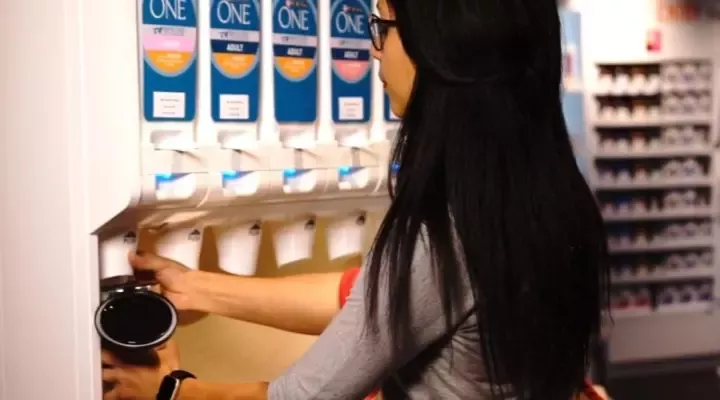 Mulher a fazer refill de um produto PURINA ONE