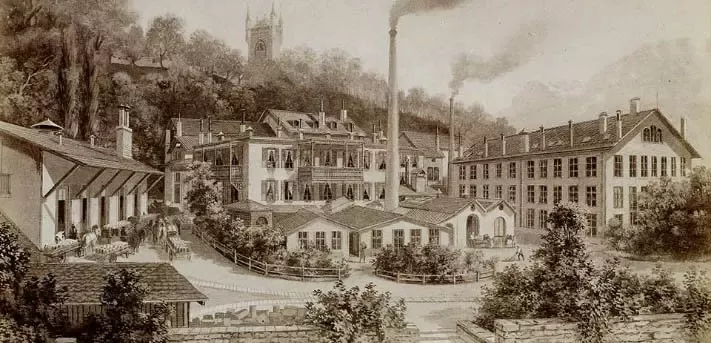 Imagem vintage da cidade e da fábrica Nestlé