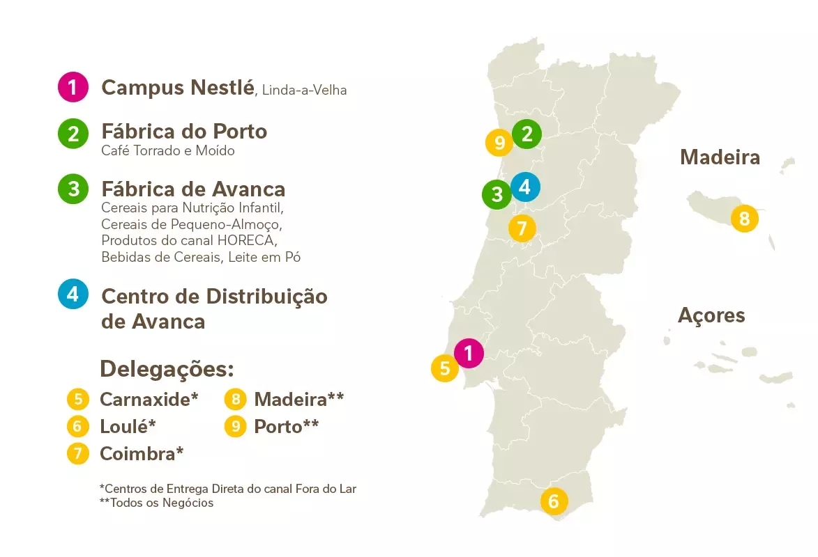 Mapa de Localizações da Nestlé em Portugal