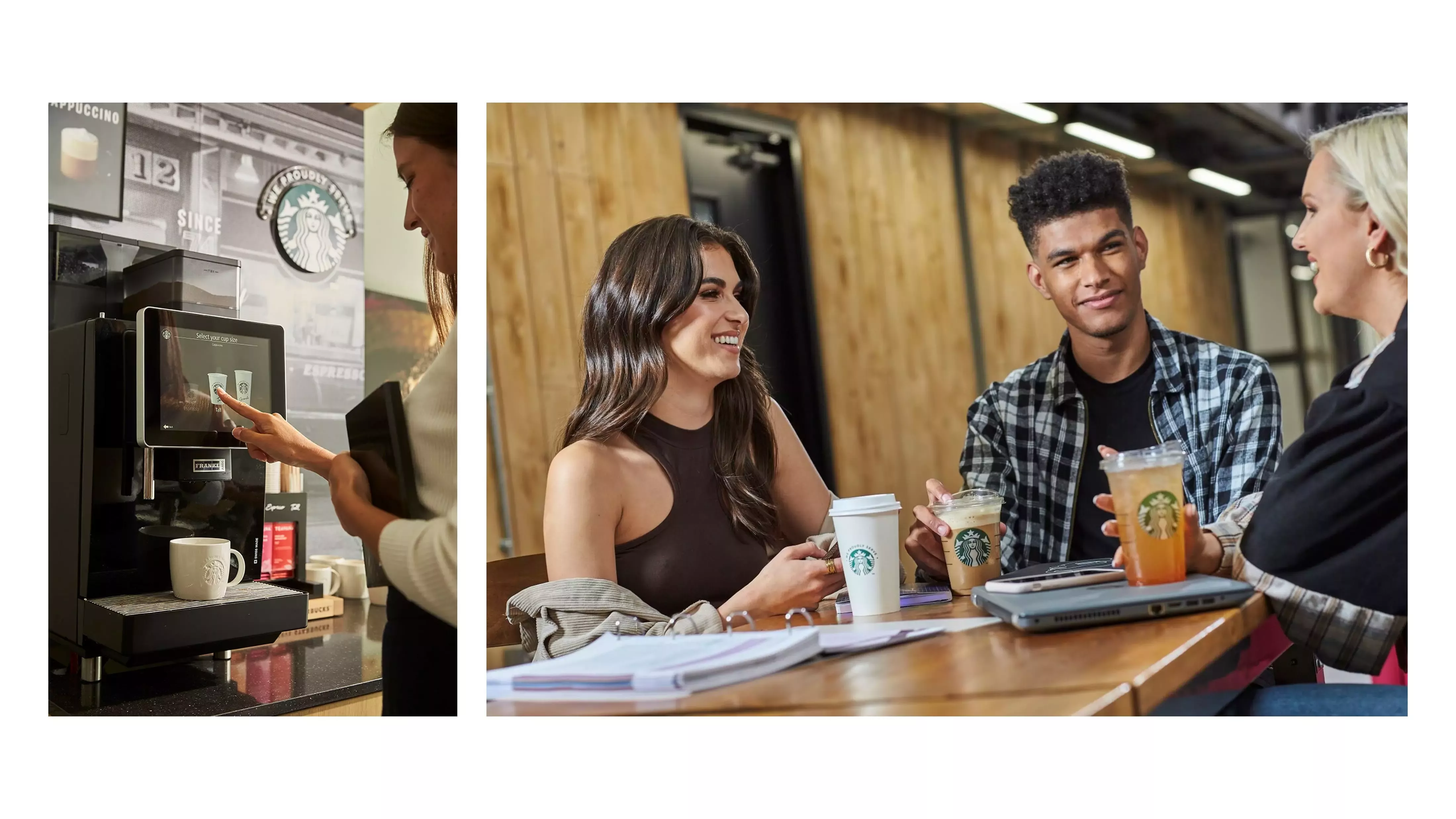 Jovens em cafés com o serviço We Proudly Serve STARBUCKS 